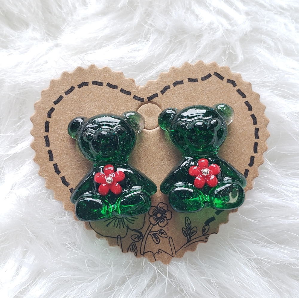 Handmade Green Shimmer Bear with Red Flower Stud Earrings